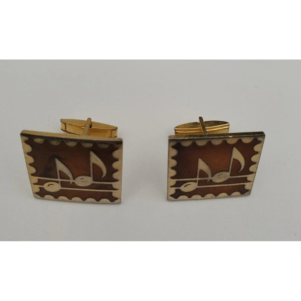 Vtg MCM Musicical Note Goldtone Coppertone Men Music Cuff Links
